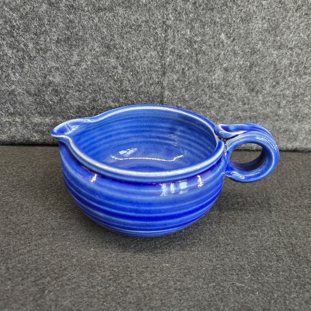 Handmade Studio Art Pottery Creamer Gravy Boat Cobalt Blue Ribbed‎ Signed Art